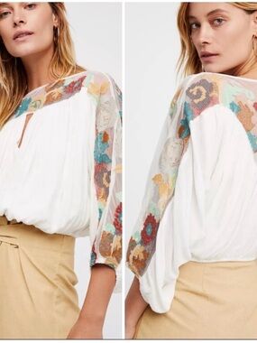 Free People White Blouse with Multi-Color Floral Embroidery